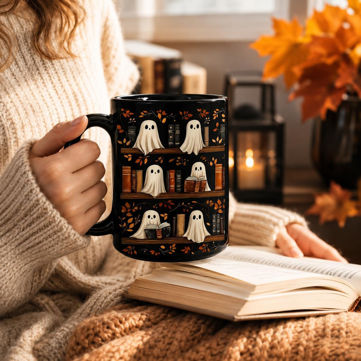 Hyturtle Cute Ghost Read Book Mug - Black Coffee Cup Ceramic Mug 15 Oz And Keychain - Book Gifts For Women Lover - Bookish Gift For Bookworm Librarian - Inspirational Librarian Present For Halloween