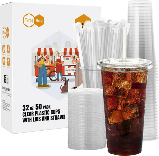 Turbo Bee 50 Sets 32 OZ Clear Plastic Cups with Lids and Straws, Disposable To Go Iced coffee cups with lids for Cold Drinks, Smoothie, and Slushie
