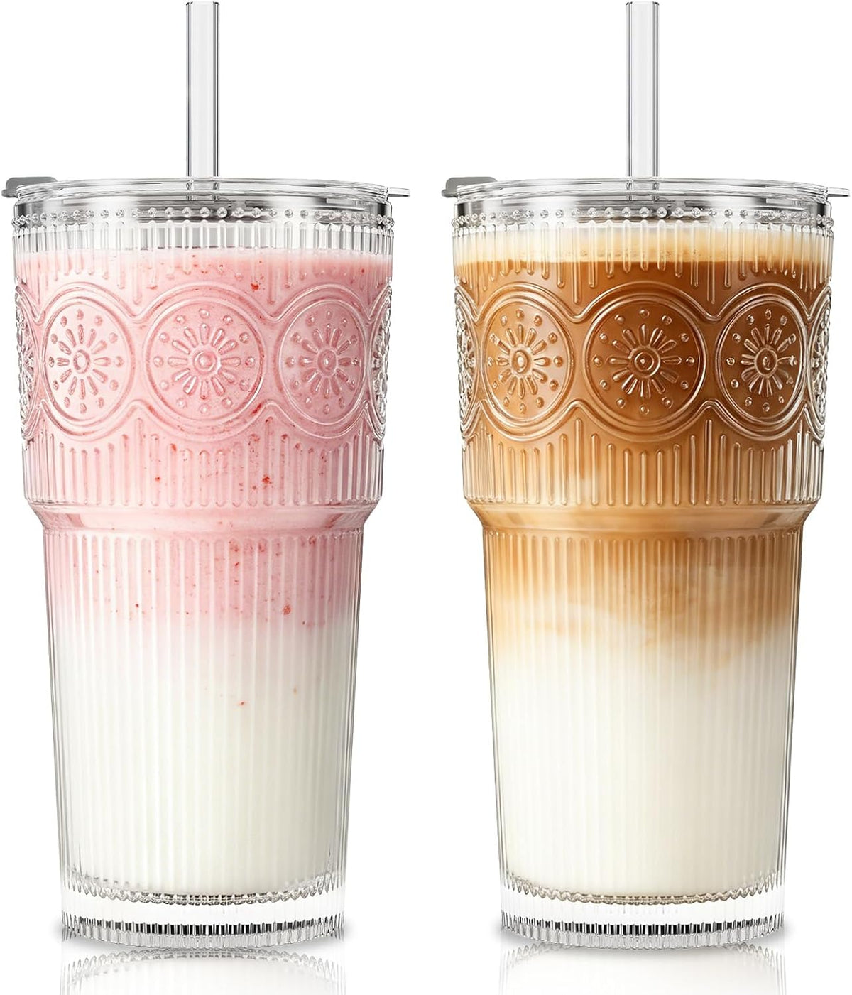 SoulTimes 20oz Ribbed & Floral Glass Tumbler with Lid and Straw – Iced Coffee Glasses Cups for Smoothie, Matcha, Juice, Water etc. Leakproof and Reusable Glassware Drinking for Travel To Go [2Pcs]