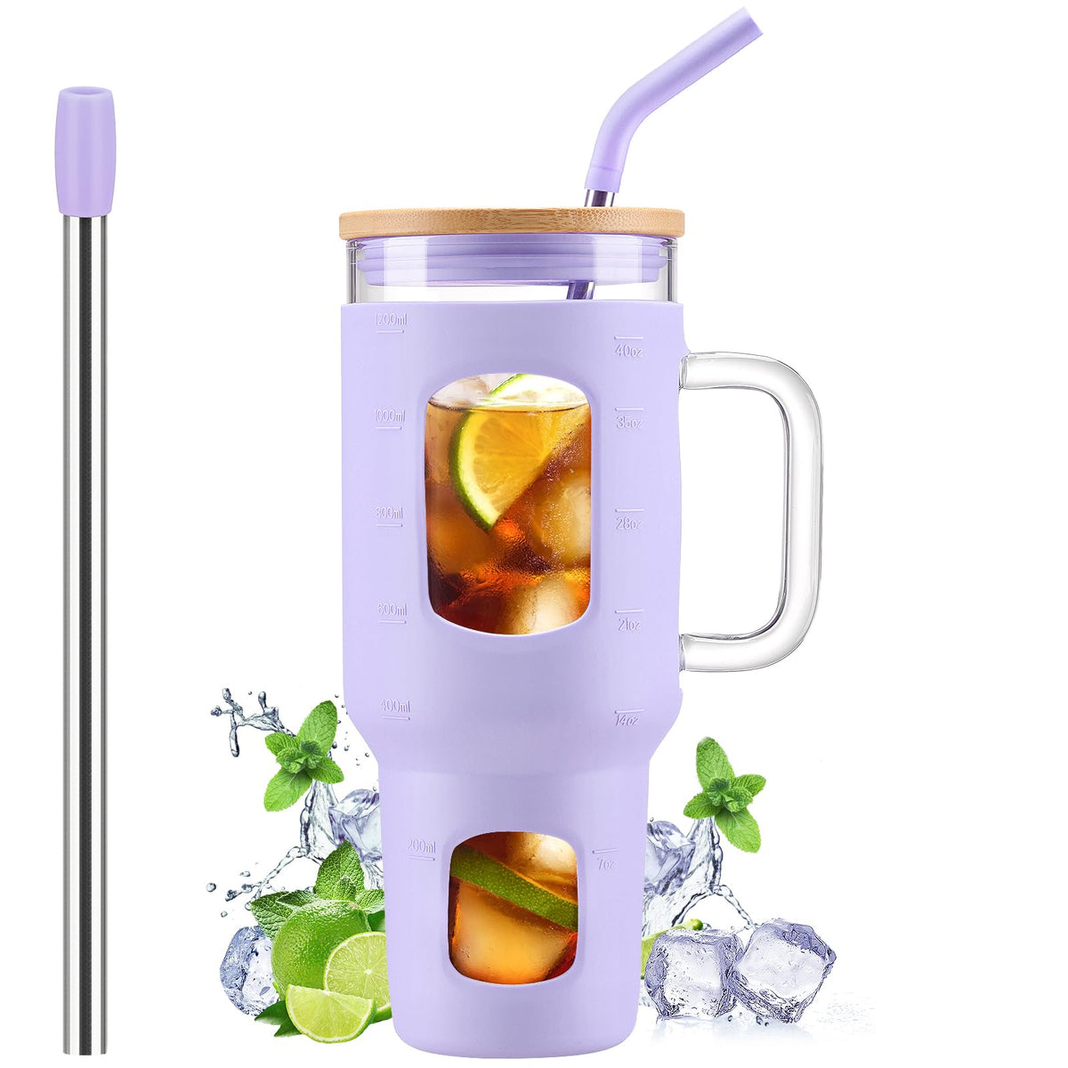 WINSA Glass Tumbler with Straw and Lid, 40 oz, Olive