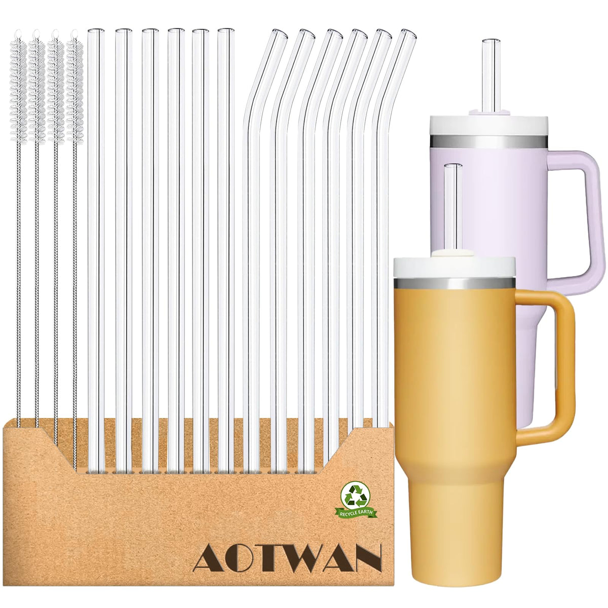 AOTWAN Glass Straws for Stanley 8pcs 40/30 oz Tumbler,12inch Replacement Straw for Stanley 4 Straight and 4 Bent with 2 Brushesh,Reusable Glass Straws for Stanley Cup