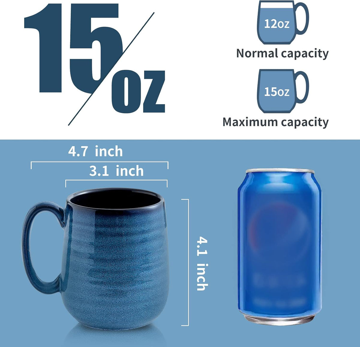 HASENSE Coffee Mugs Set of 4, 15 Ounce Ceramic Coffee Cups with Handle, Large Mug Set for Latte, Tea, Chocolate, Modern Cup Gift for Men and women, Dishwasher & Microwave Safe(Blue)