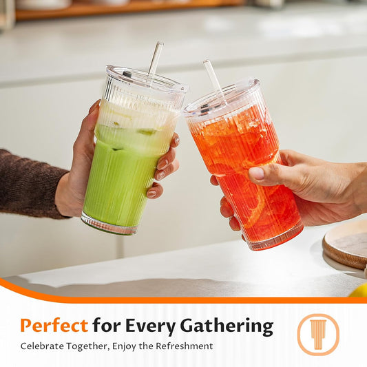 20oz Iced Coffee Cups with Lids, Glass Coffee Cups with Lids and Straws, 2P
