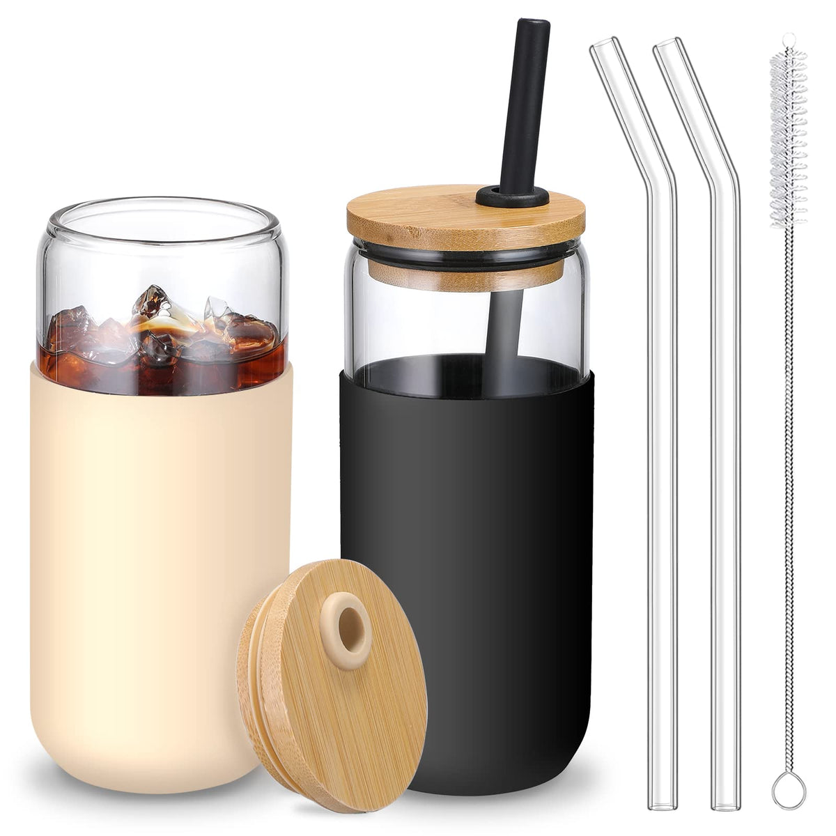 20 OZ Glass Cups with Bamboo Lids and Straws - Beer Can Drinking Glasses with Silicone Protective Sleeve Set, Iced Coffee Glasses, Cute Tumbler Cup for Water, Tea, Gift - Cambridge Blue, Amber