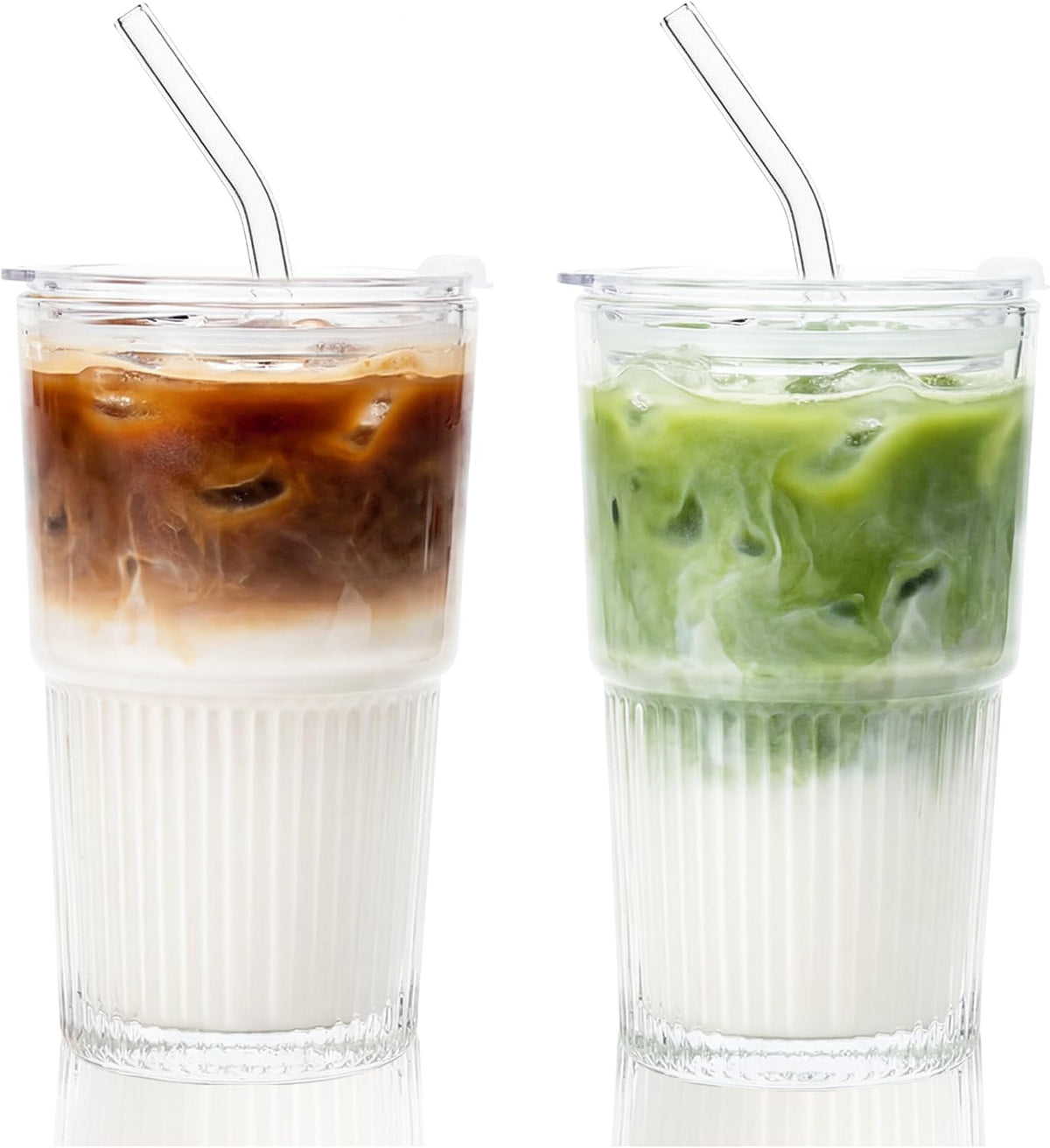 Glass Tumbler with Straw and Lid 16 oz Ribbed Glass Coffee Cups