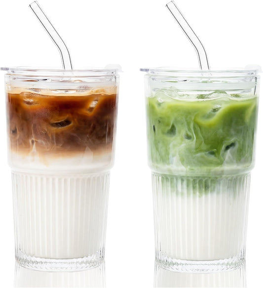 Glass Tumbler with Straw and Lid 16 oz Ribbed Glass Coffee Cups