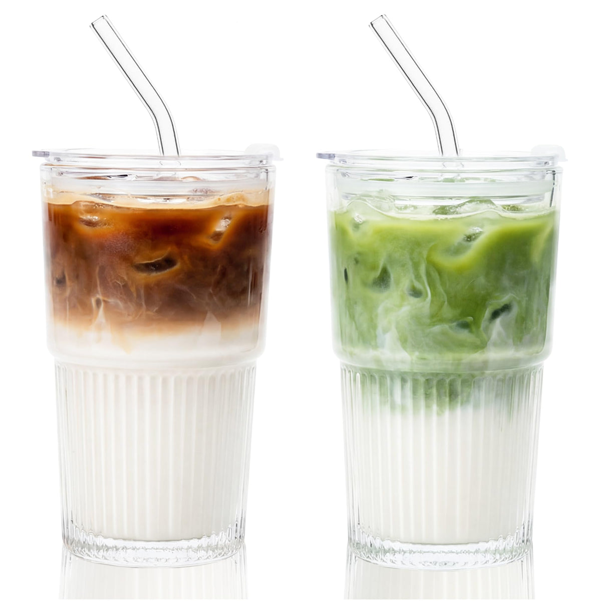 Glass Tumbler with Straw and Lid 16 oz Ribbed Glass Coffee Cups