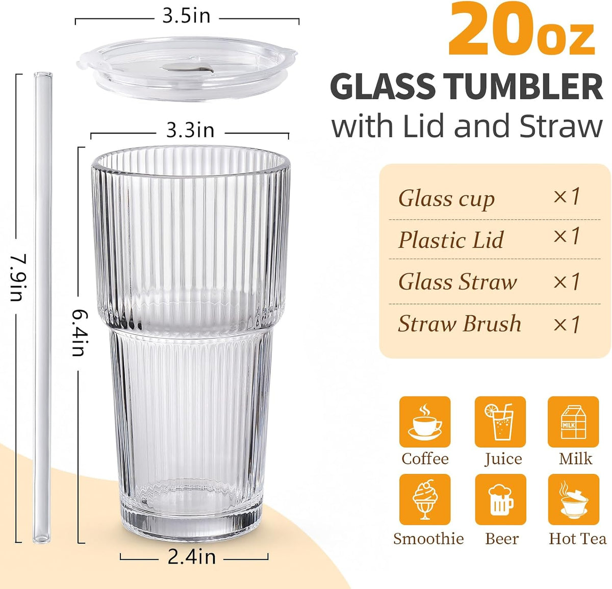 Iced Coffee Cups with Lids,Glass Cups with Lids and Straws,1 Coffee Tumbler