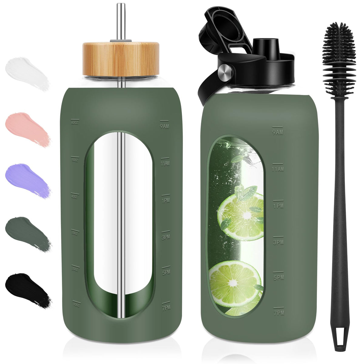 FULBEVY 32 oz Glass Water Bottles - 1 Liter Motivational Tumbler Water Bottle Time Marker - Borosilicate Glass Water Bottle With Silicone Sleeve and 2 Lids, Handle Spout & Bamboo Straw Lid (Olive)