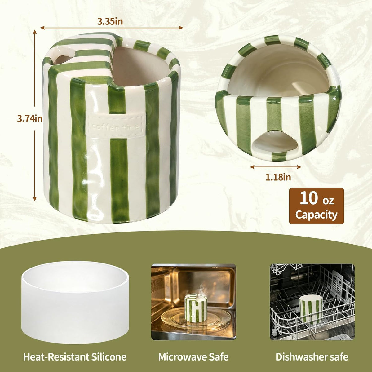 10 oz Ceramic Coffee Mug with Sip Hole & Silicone Sleeve, Green