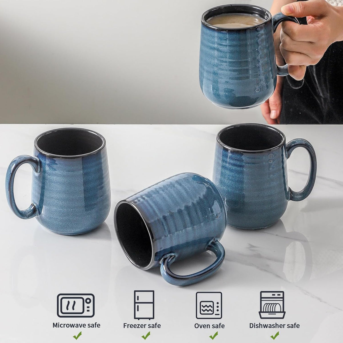 HASENSE Coffee Mugs Set of 4, 15 Ounce Ceramic Coffee Cups with Handle, Large Mug Set for Latte, Tea, Chocolate, Modern Cup Gift for Men and women, Dishwasher & Microwave Safe(Blue)