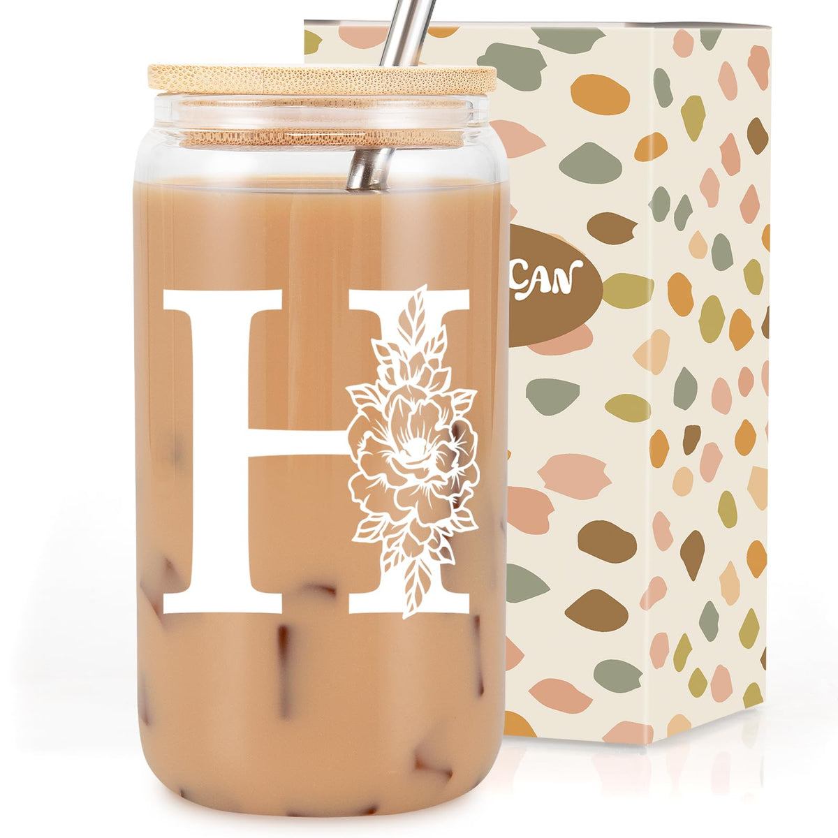 Coolife Initial Glass Cup, Monogrammed Gifts for Women, 16 oz Tumbler w/Lid