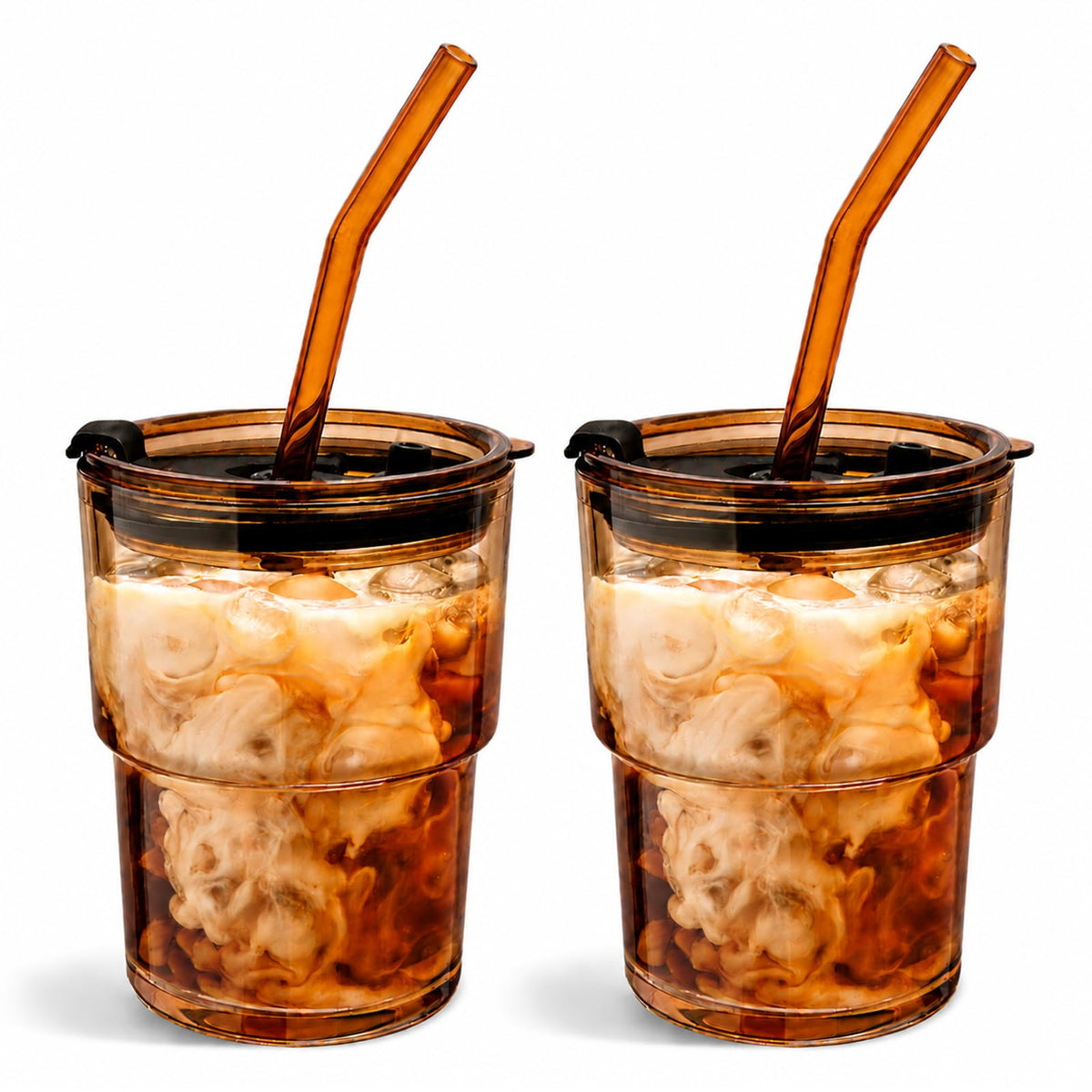 Olvini 13oz Glass Tumbler with Straw and Lid, Reusable Iced Coffee Cup, Thick Glass Cups for Water, Matcha, Iced Tea, Amber