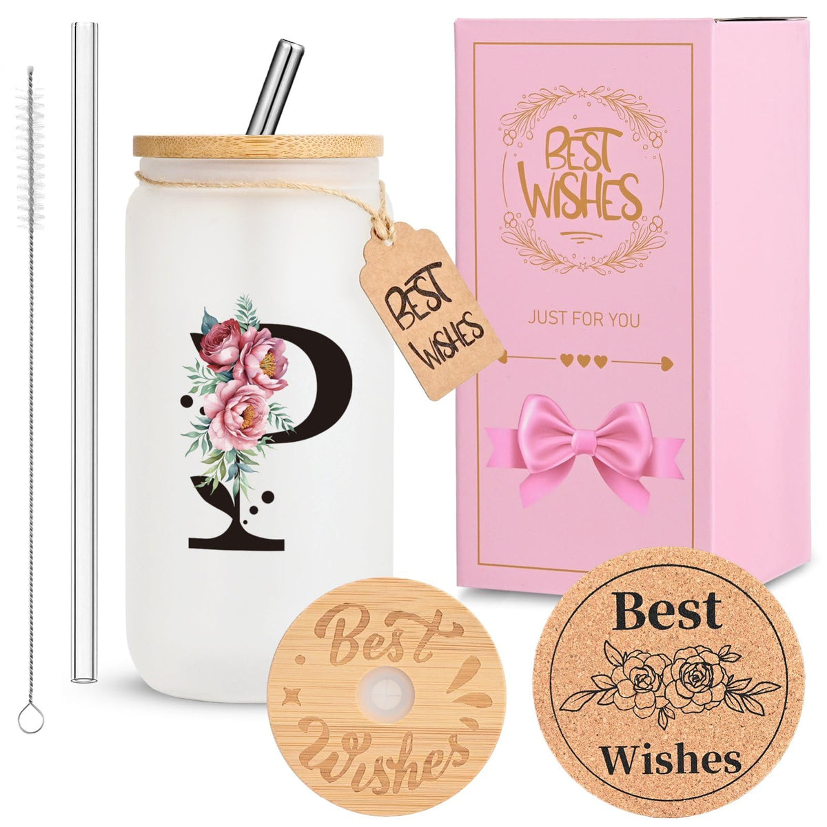 16oz Monogrammed Glass Tumbler, Frosted with Lid and Straw, Initial F