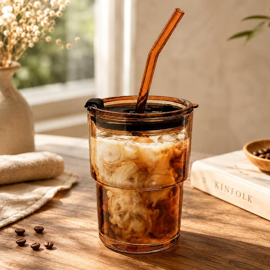 Olvini 13oz Glass Tumbler with Straw and Lid, Reusable Iced Coffee Cup, Thick Glass Cups for Water, Matcha, Iced Tea, Amber