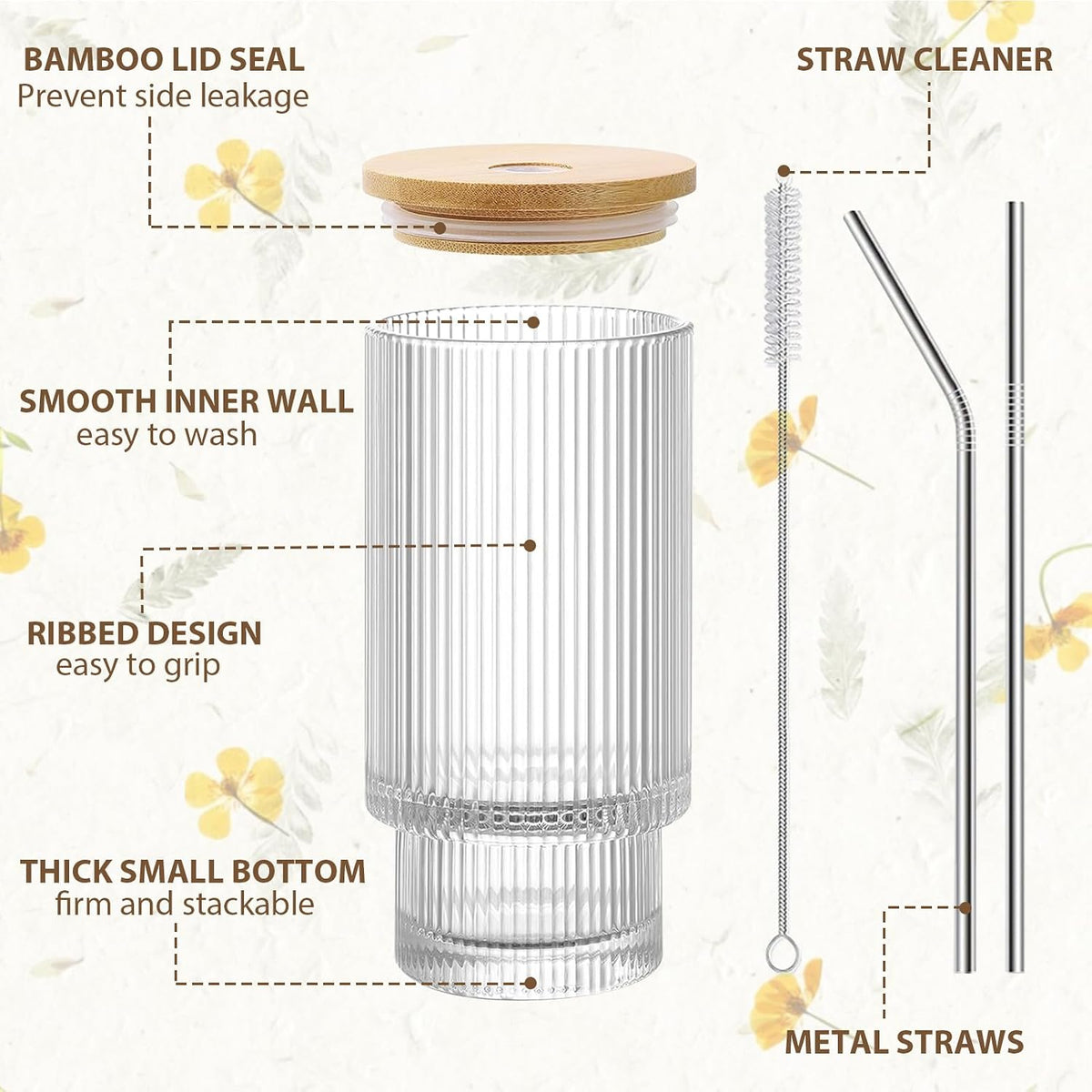 HIGIINC Iced Coffee Cups with Lids 4 Pcs - 16 OZ Glass Cups with Lids and Straws, Reusable Ice Coffee Tumbler, Clear Ribbed Drinking Glasses for Matcha, Smoothie, Ice Tea, Lemonade