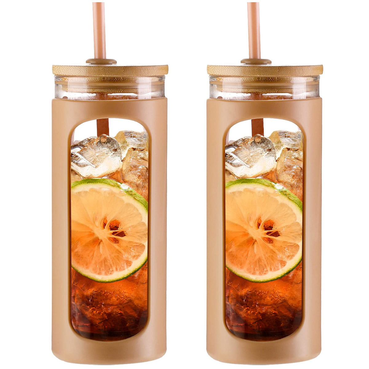 Kodrine 20oz Glass Water Tumbler with Straw and Lid, Bamboo Lids Water Bottle, Iced Coffee Cup Reusable, Wide Mouth Smoothie Cups with Protective Silicone Sleeve BPA FREE-Amber