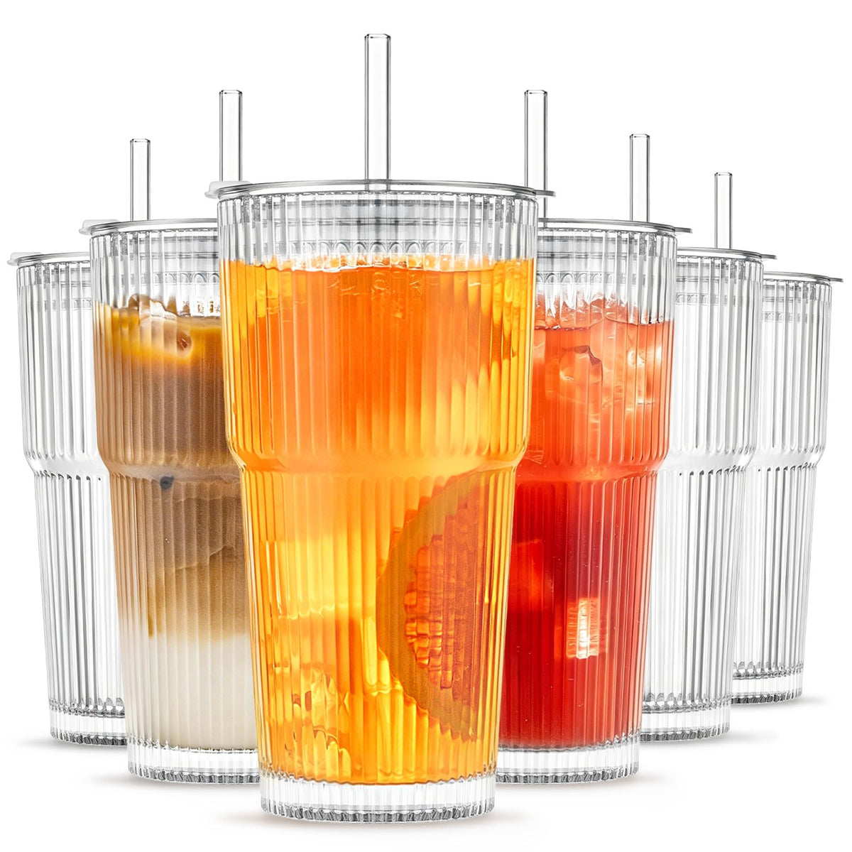 INSETLAN 20 oz Ribbed Glass Tumblers with Lids and Glass Straws – 4-Piece Glassware Set, Thickened Wall, Ideal for Iced Coffee, Smoothies, Cocktails, and Juices – Elegant and Durable Drinkware