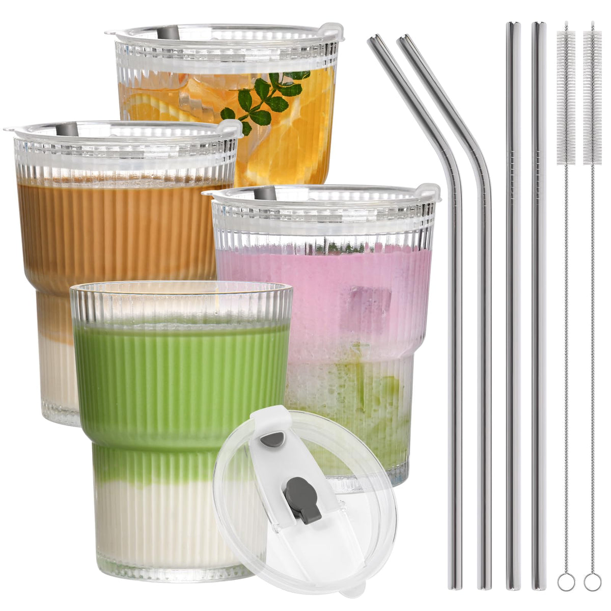 13oz Iced Coffee Cups,2Pcs Glass Cups with Lids and Straws Drinking Glasses,Clear Ribbed Glassware,Reusable Tumbler Glass to Go Cup for Matcha, Iced Tea,Juice