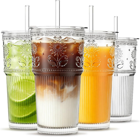 INSETLAN 20 oz Iced Coffee Cups with Lids and Straw, Set of 4 Glass Tumbler