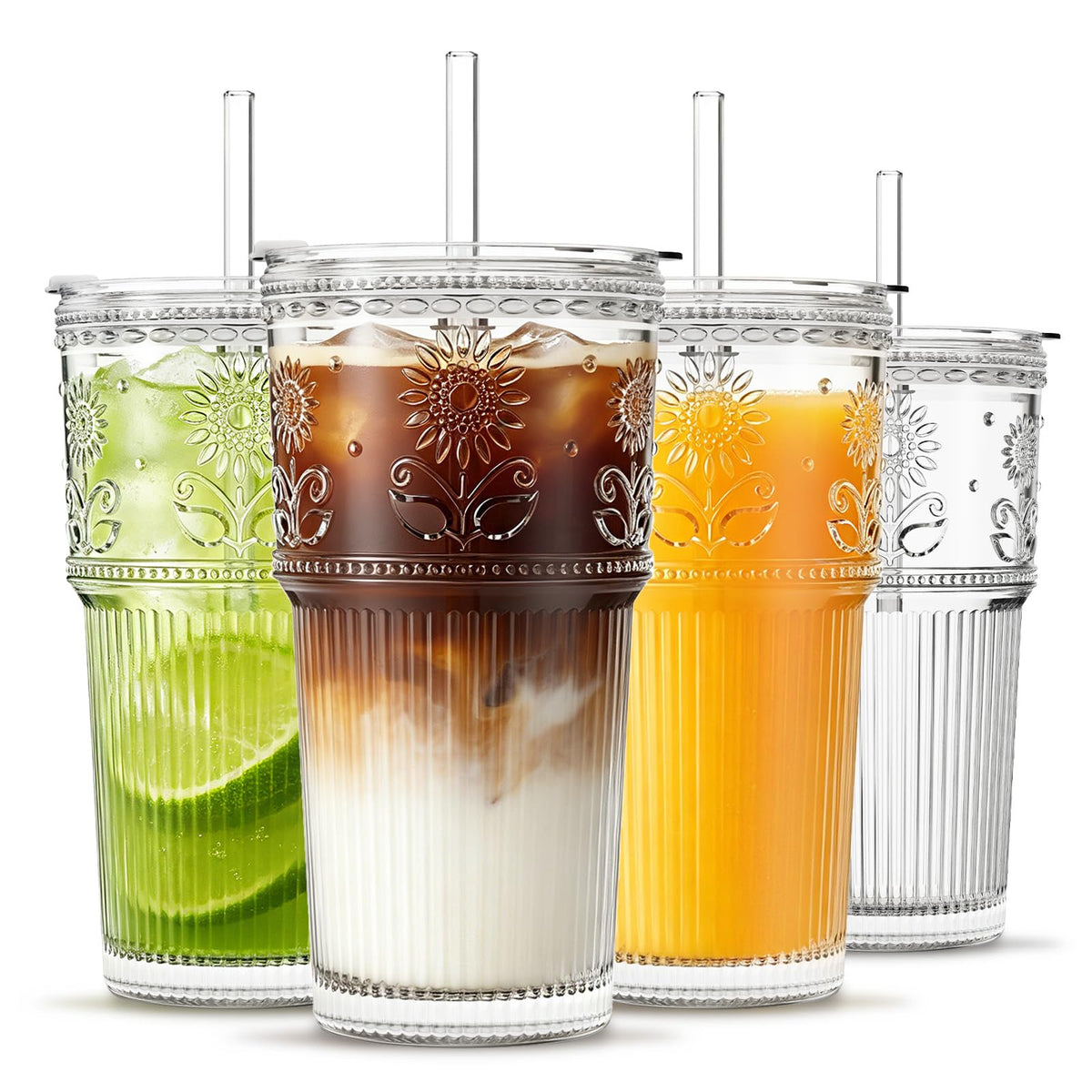 INSETLAN 20 oz Iced Coffee Cups with Lids and Straw, Set of 4 Glass Tumbler