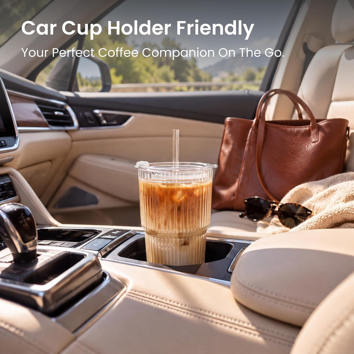 INSETLAN 20 oz Ribbed Glass Tumblers with Lids and Glass Straws – 4-Piece Glassware Set, Thickened Wall, Ideal for Iced Coffee, Smoothies, Cocktails, and Juices – Elegant and Durable Drinkware