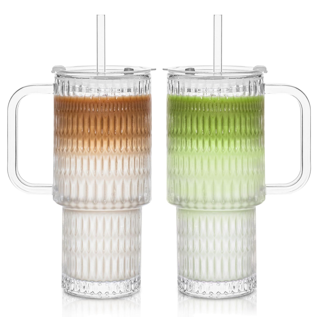 INSETLAN 24 oz Ribbed Glass Tumbler with Handle, 2-Pack Iced Coffee Cups