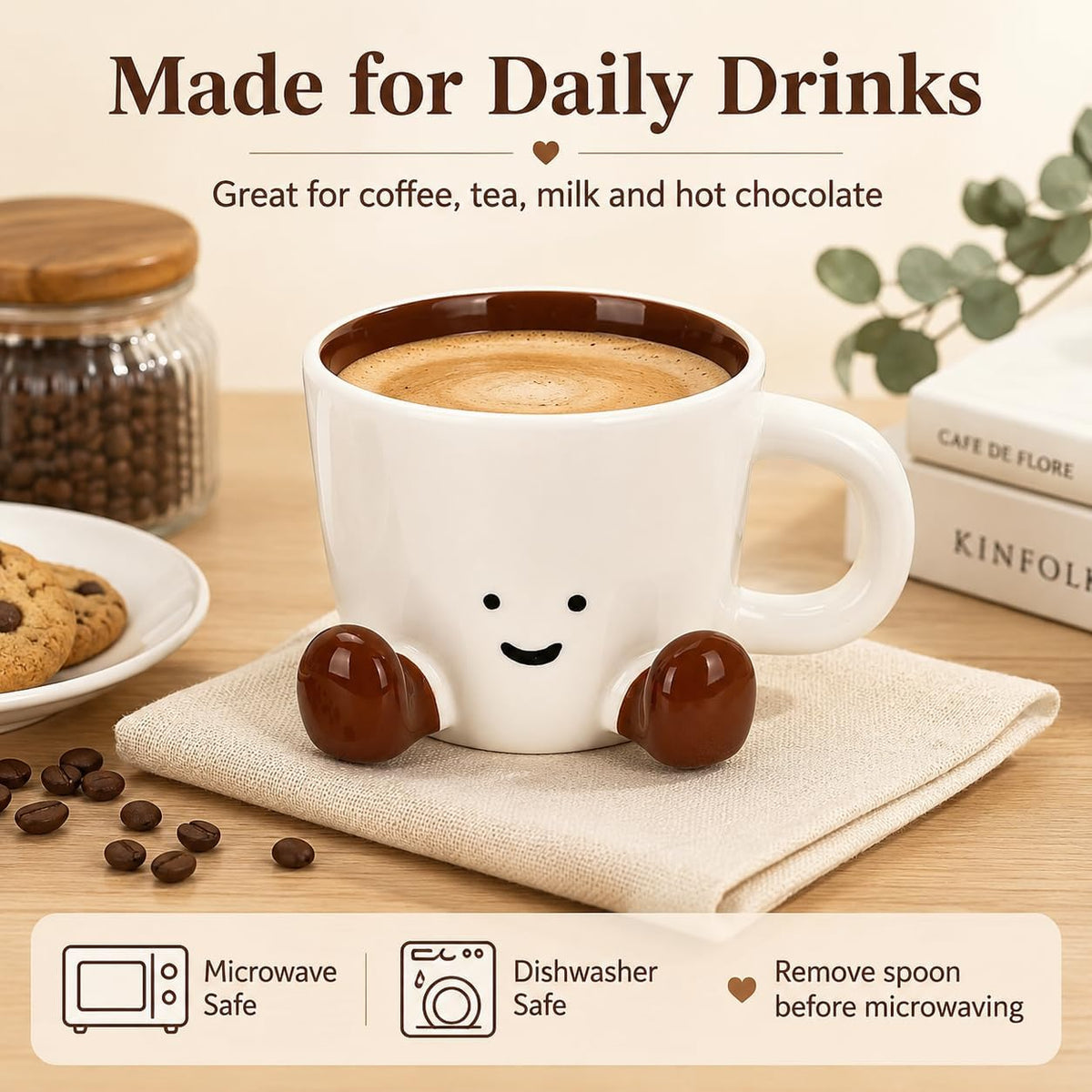 Cute Ceramic Mug, 12.8oz/380ml Unique Handcrafted Shape Coffee Cup with Smile Face, Adorable Kawaii Drinkware Gift for Women