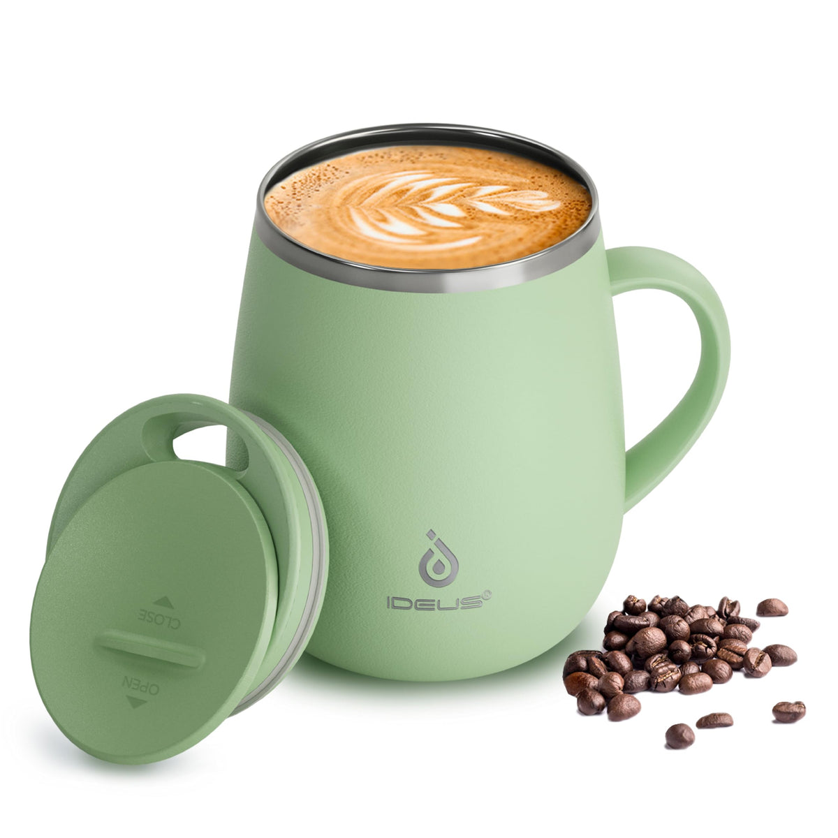 Ideus 16 oz Insulated Coffee Mug with Lid and Handle (Celadon, FUJI DAWN)