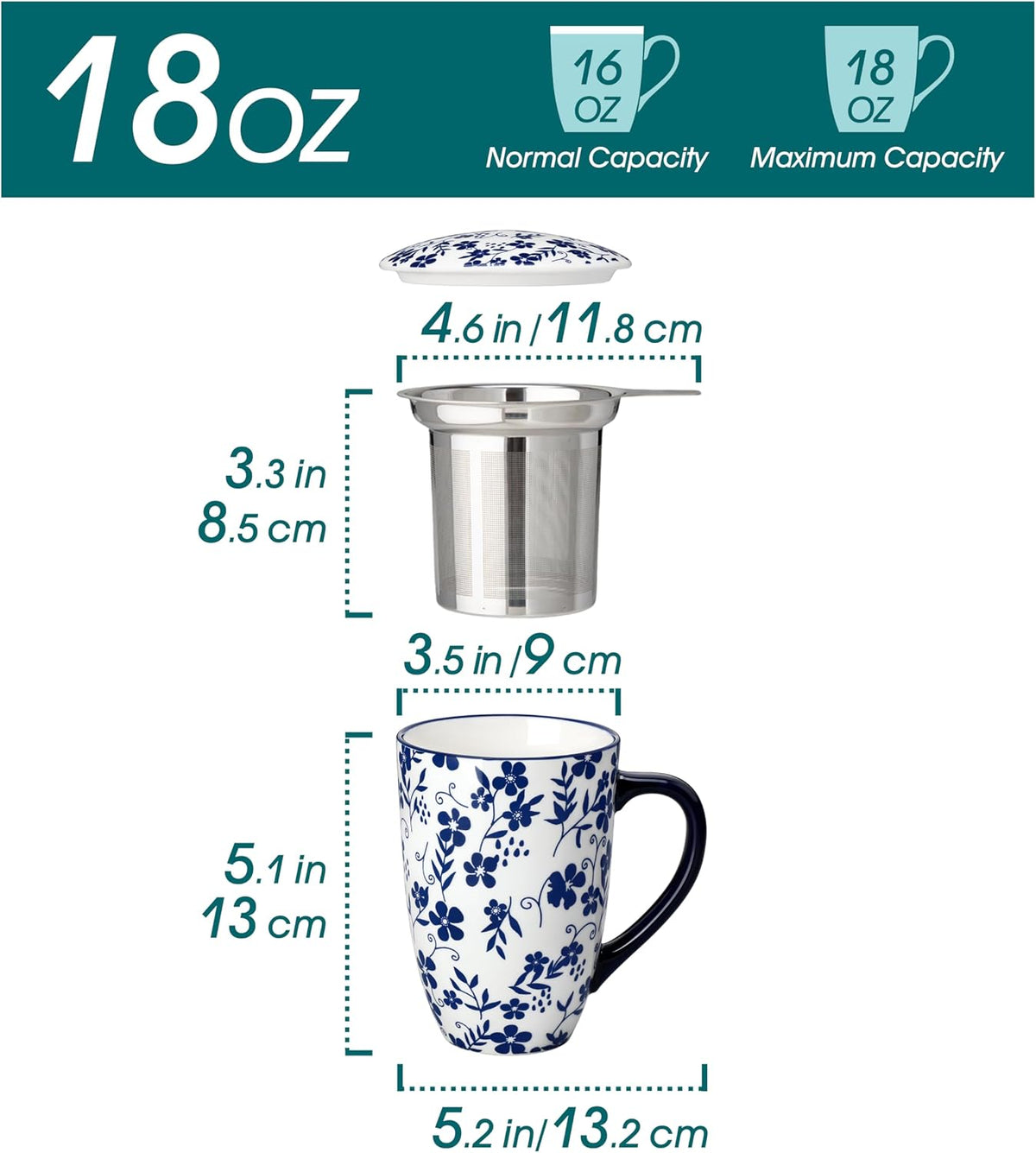 vancasso SELENE Porcelain Tea Mug, 18 oz Porcelain Tea Cup with Infuser and Lid Steeps Loose Leaf Tea, Microwave & Dishwasher Safe, Five-Leaf Clover