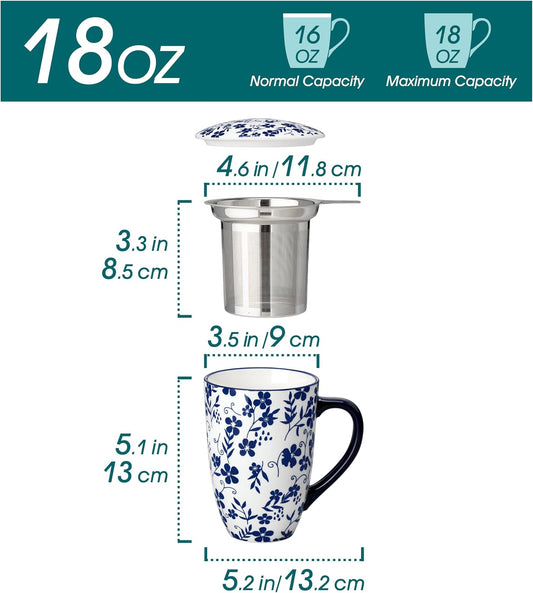 vancasso SELENE Porcelain Tea Mug, 18 oz Porcelain Tea Cup with Infuser and Lid Steeps Loose Leaf Tea, Microwave & Dishwasher Safe, Five-Leaf Clover