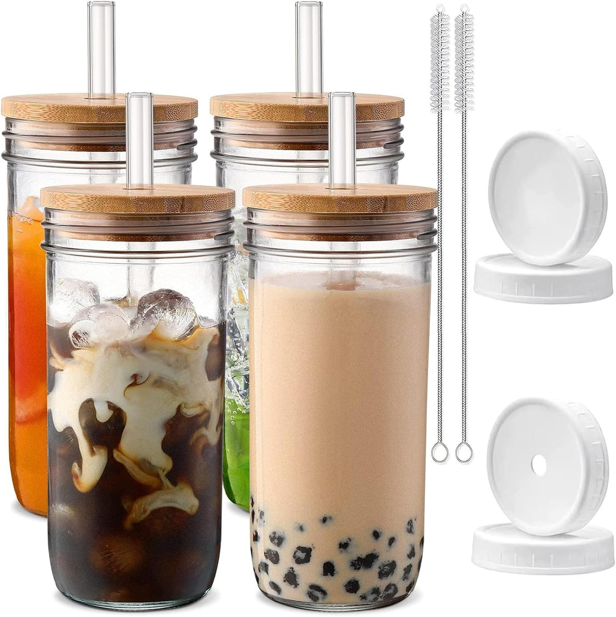 Iced Coffee Cups with Lids,Glass Cups with Lids and Straws,4 Coffee Tumbler