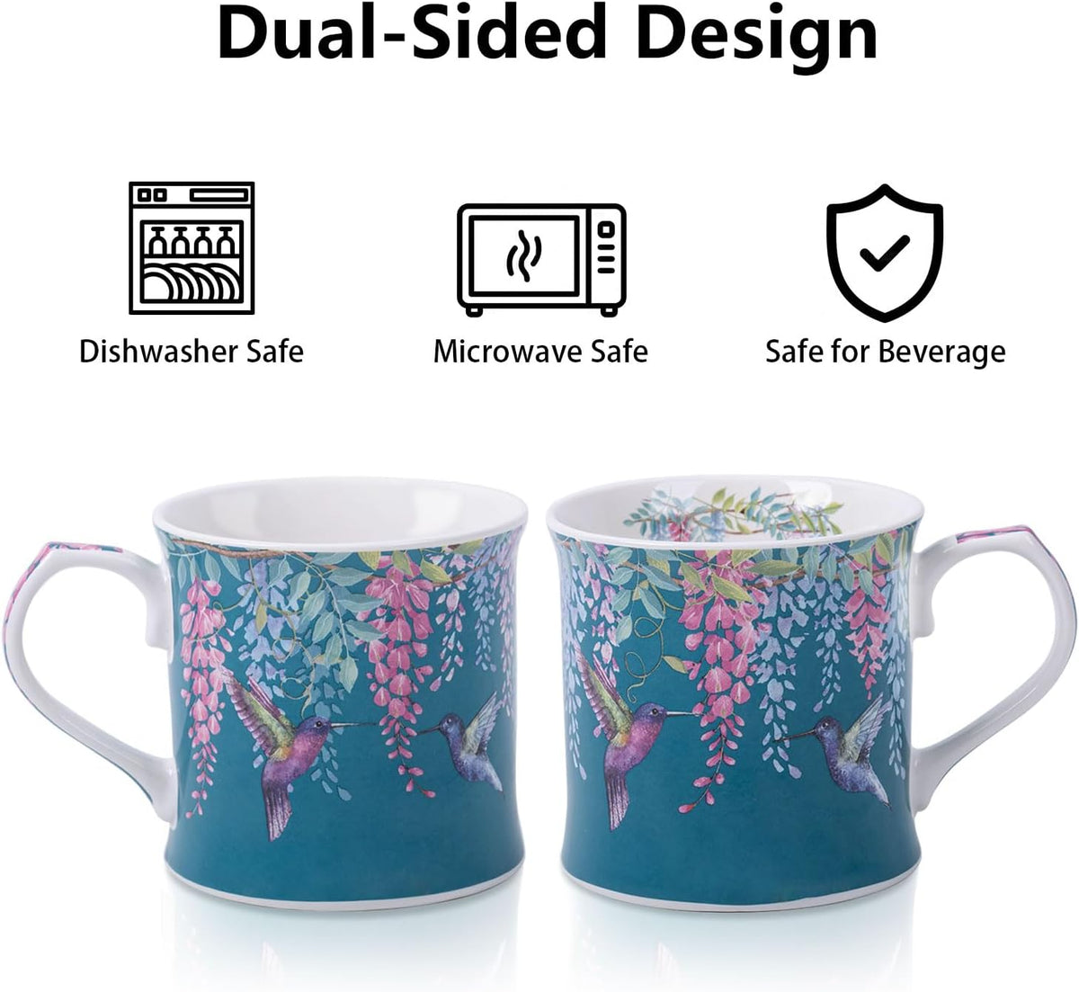 Spring Hummingbird Floral Coffee Mug, 12oz Dark Teal Ceramic Mug with Wisteria and Fluttering Hummingbird, Elegant Gift Mug for Mom, Women & Bird Lovers, Designed in England by Harvest Green Studio
