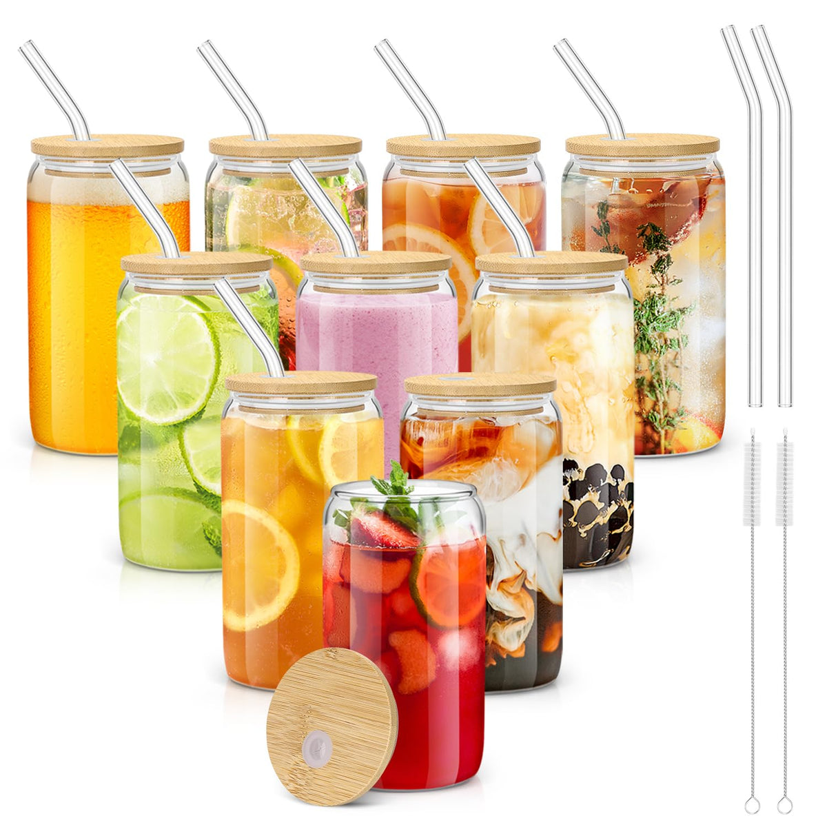 Glass Cups with Lids and Straws - 16 oz Glass Drinking Cups Set for Coffee