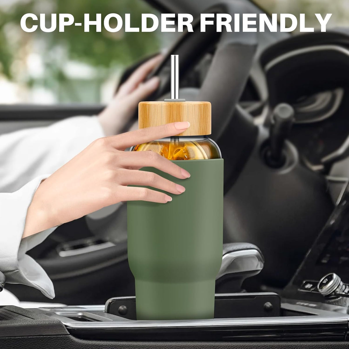 PROBTTL 40 oz Glass Tumbler with Handle - Sports Clear Borosilicate Glass Water Bottle with Straw, Silicone Sleeve, 2 Lids - Handle Spout & Bamboo Straw Lid, Fits Car Cup Holder, Leakproof (Olive)