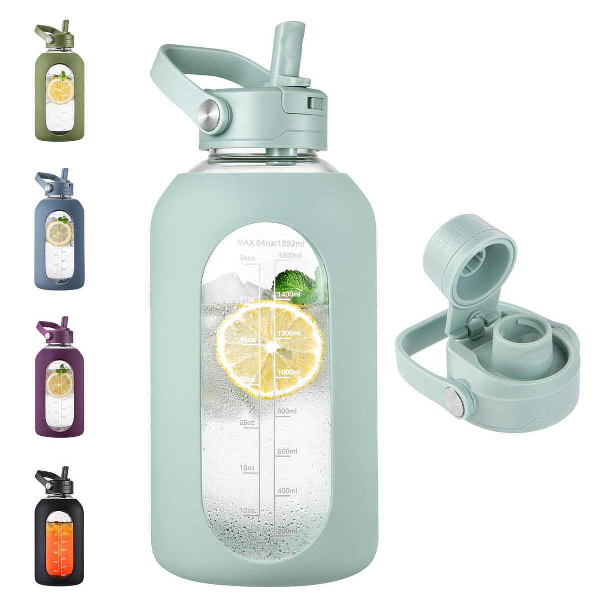 CIVAGO 64 oz Glass Water Bottle Jug with Detachable Straw and Time Maker