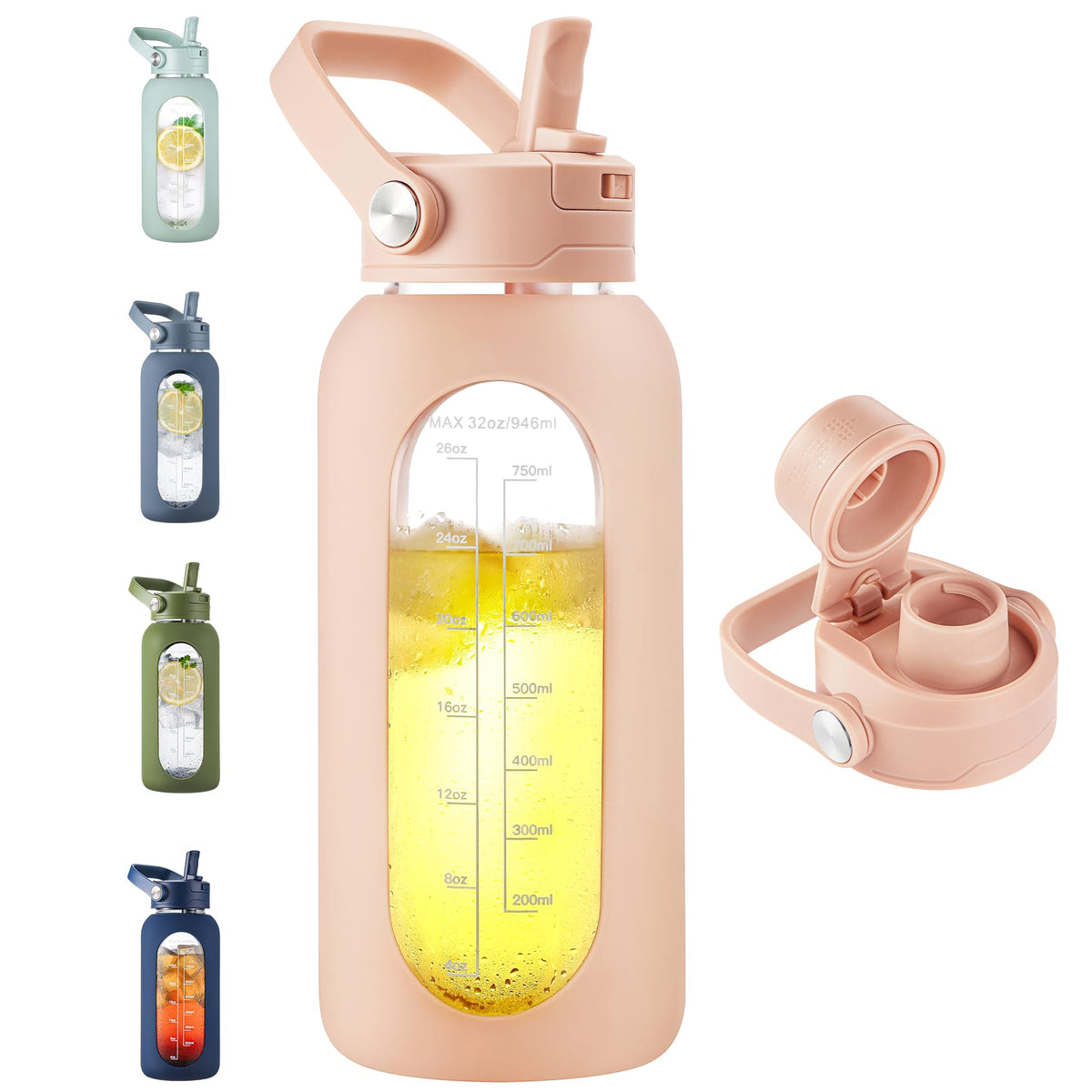CIVAGO 64 oz Glass Water Bottle Jug with Detachable Straw and Time Maker