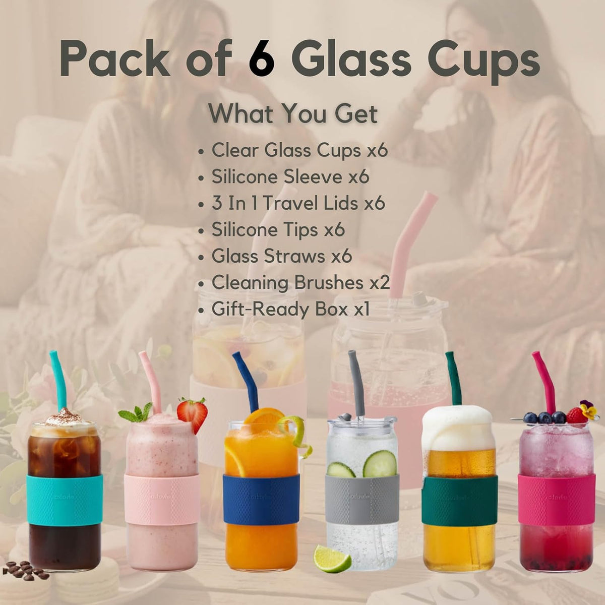ColoVie Glass Cups with Lids and Straws, Iced Coffee Cup, Drinking Glasses