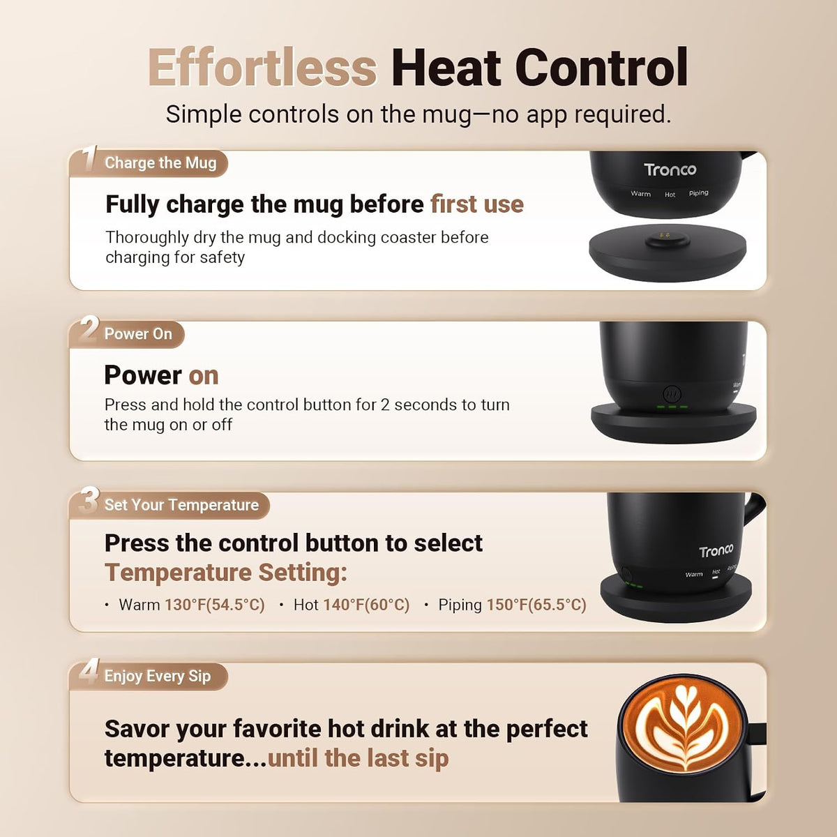 Tronco Temperature Control Heated Coffee Mug 14 oz – Rechargeable Self-Heating Coffee Cup with Lid – Manual Control, 3 Modes, 130 Min Battery Life, Auto Shut-Off (White)