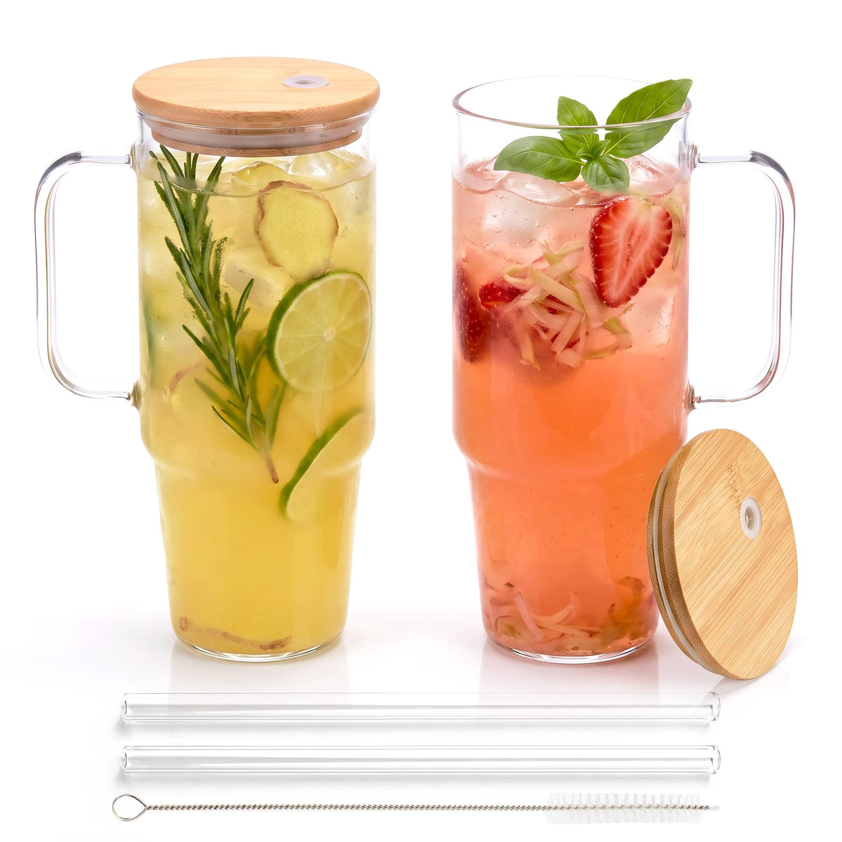 Glass Tumbler with Handle, 40 oz, 2 Pack, with Plastic Lid