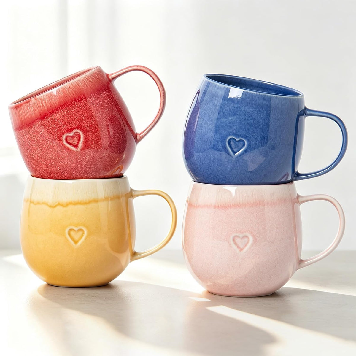 Stoneware Coffee Mugs Set of 4, 12oz Hand-Painted Coffee Cups with Handle