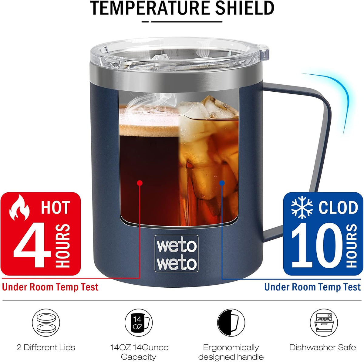 WETOWETO 14 oz Insulated Coffee Mug, Vacuum Camping Mug with Lid, Handle