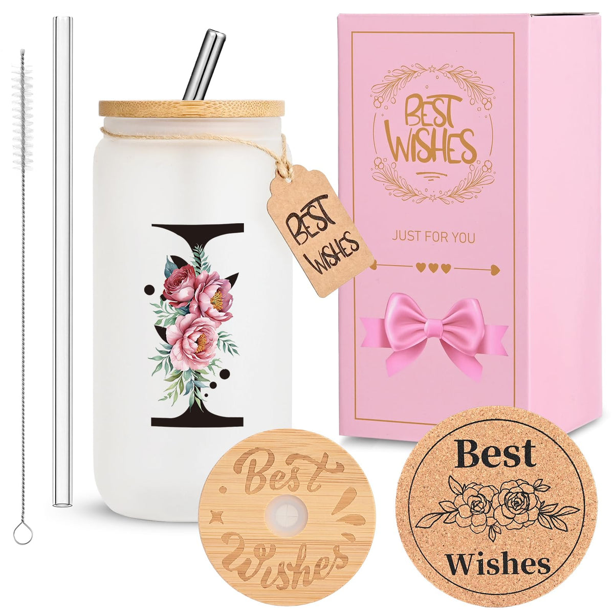 16oz Monogrammed Glass Tumbler, Frosted with Lid and Straw, Initial F