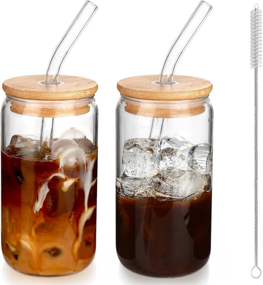 Iced Coffee Cups with Lids,Glass Cups with Lids and Straws,2 Coffee Tumbler