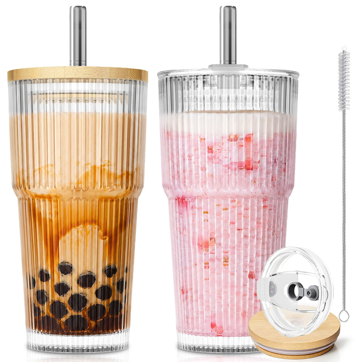 KEMORELA 20oz Ribbed Glass Tumblers with Lids and Straws,Iced Coffee Cups