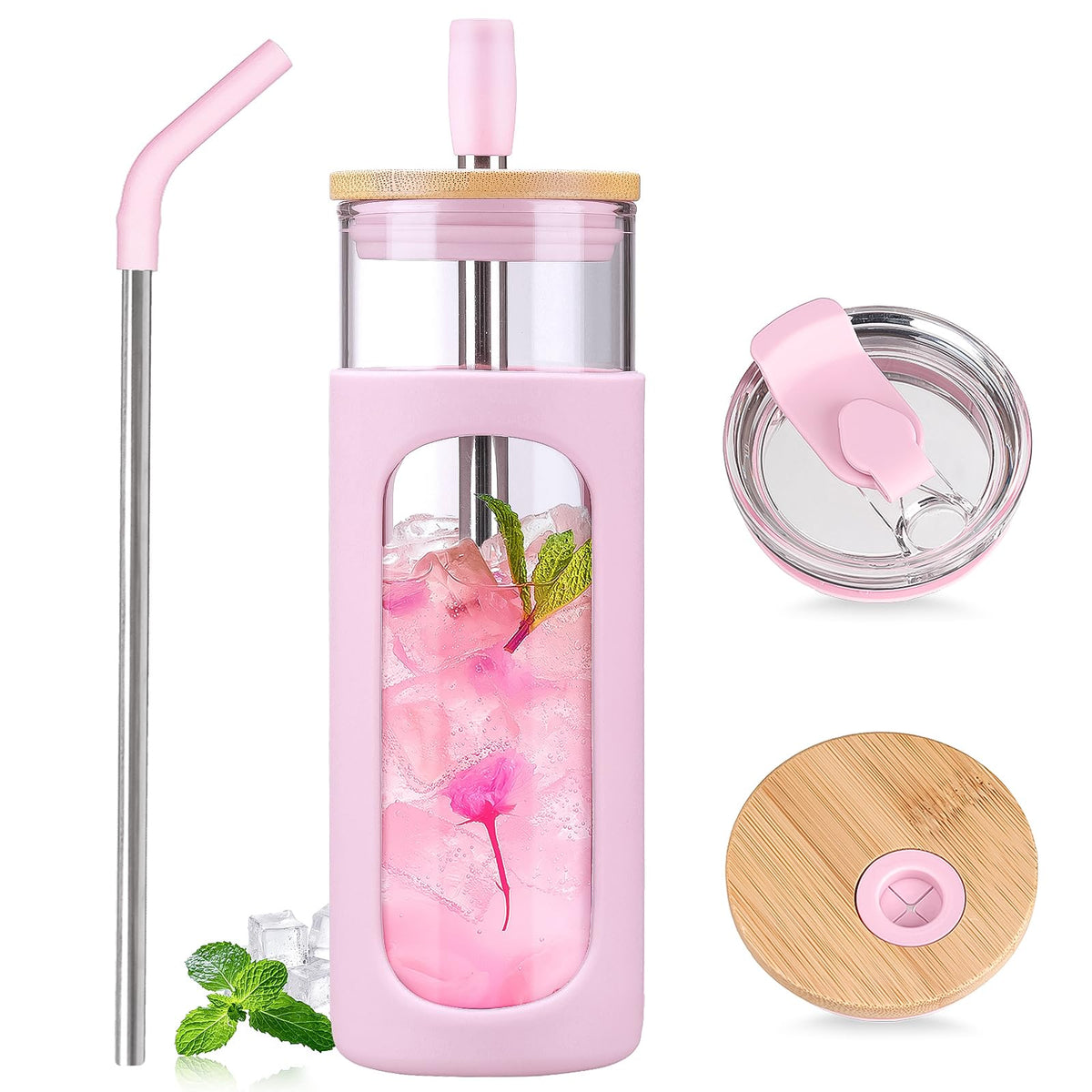 Kodrine 20oz Glass Water Tumbler with Straw and Lid, Bamboo Lids Water Bottle, Iced Coffee Cup Reusable, Wide Mouth Smoothie Cups with Protective Silicone Sleeve BPA FREE-Amber