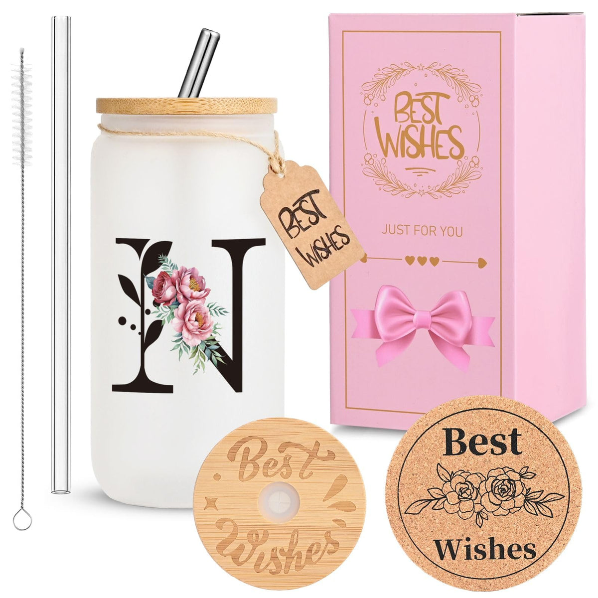 16oz Monogrammed Glass Tumbler, Frosted with Lid and Straw, Initial F