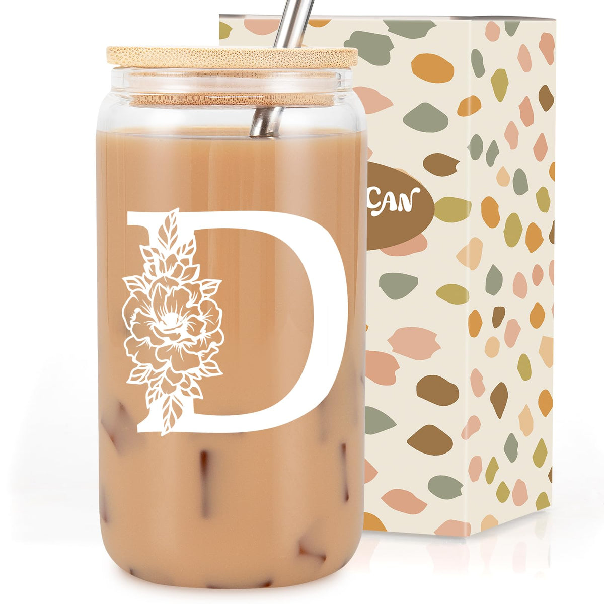 Coolife Initial Glass Cup, Monogrammed Gifts for Women, 16 oz Tumbler w/Lid
