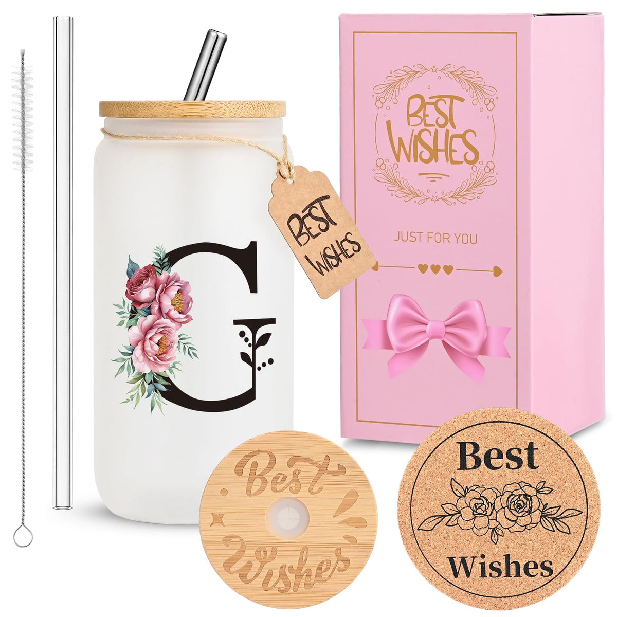 16oz Monogrammed Glass Tumbler, Frosted with Lid and Straw, Initial F