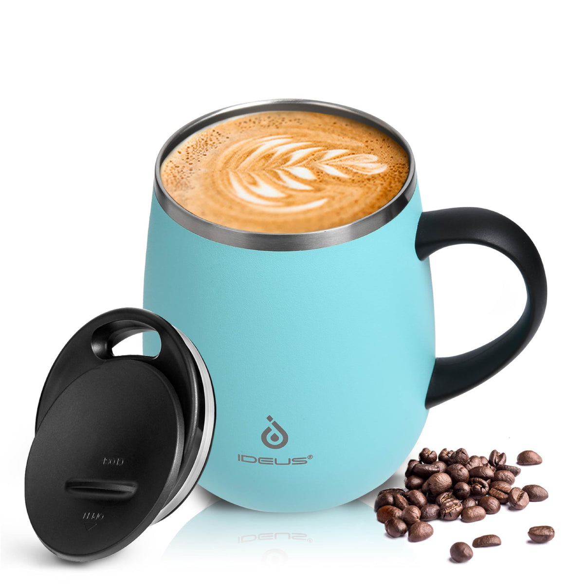 Ideus 16 oz Insulated Coffee Mug with Lid and Handle (Celadon, FUJI DAWN)